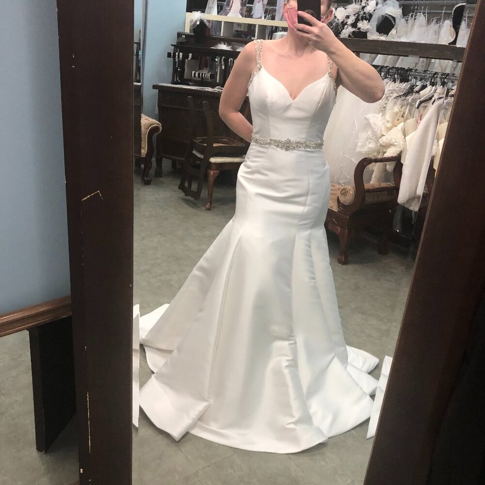 SAMPLE Mikado Wedding Dress, Ivory Mermaid Fit and Flare Sexy, BLING straps
